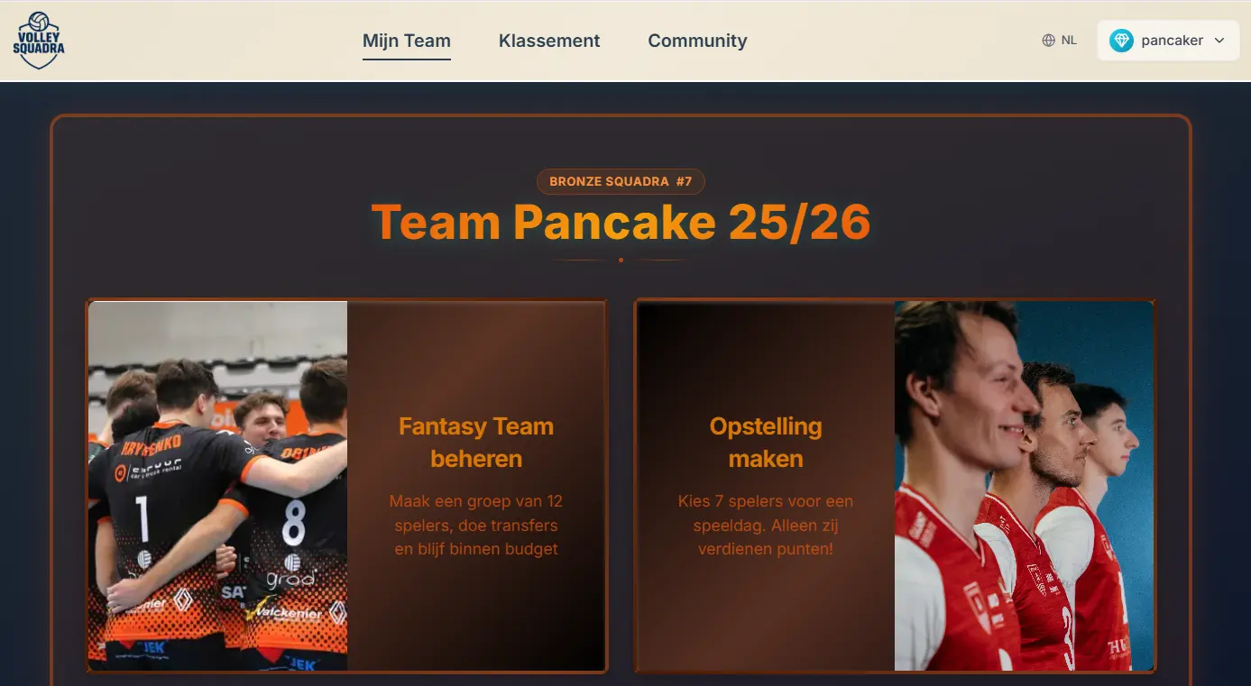 Fantasy Team pagina met twee knoppen: Fantasy Team Beheren (12 Spelers) en Opstelling Maken (7 uit je 12)