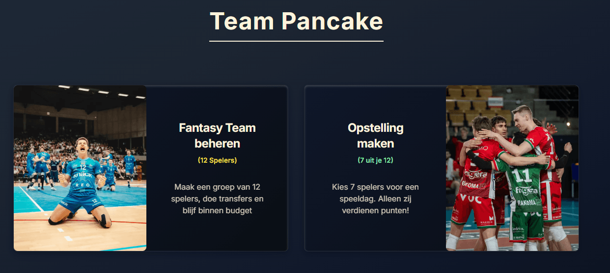 Fantasy Team pagina met twee knoppen: Fantasy Team Beheren (12 Spelers) en Opstelling Maken (7 uit je 12)